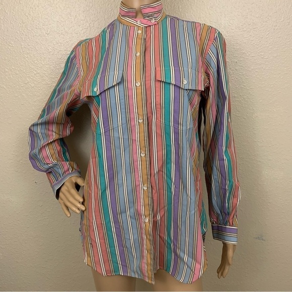 Vintage 80s/90s Liz Claiborne Multi Color Striped Button Down Shirt Size 6 - Picture 2 of 10